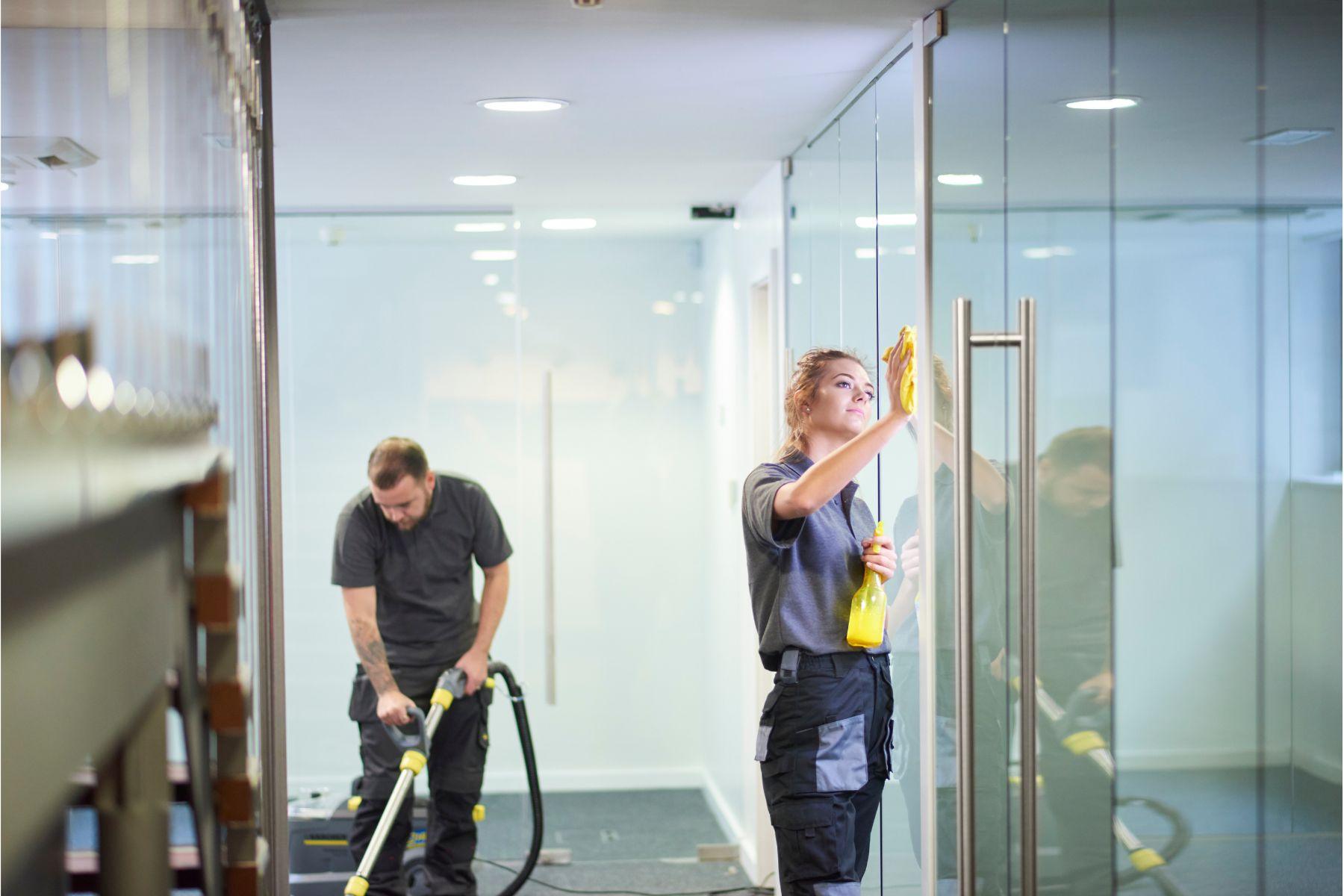 two professional commercial cleaners cleaning the floor and windows in an office